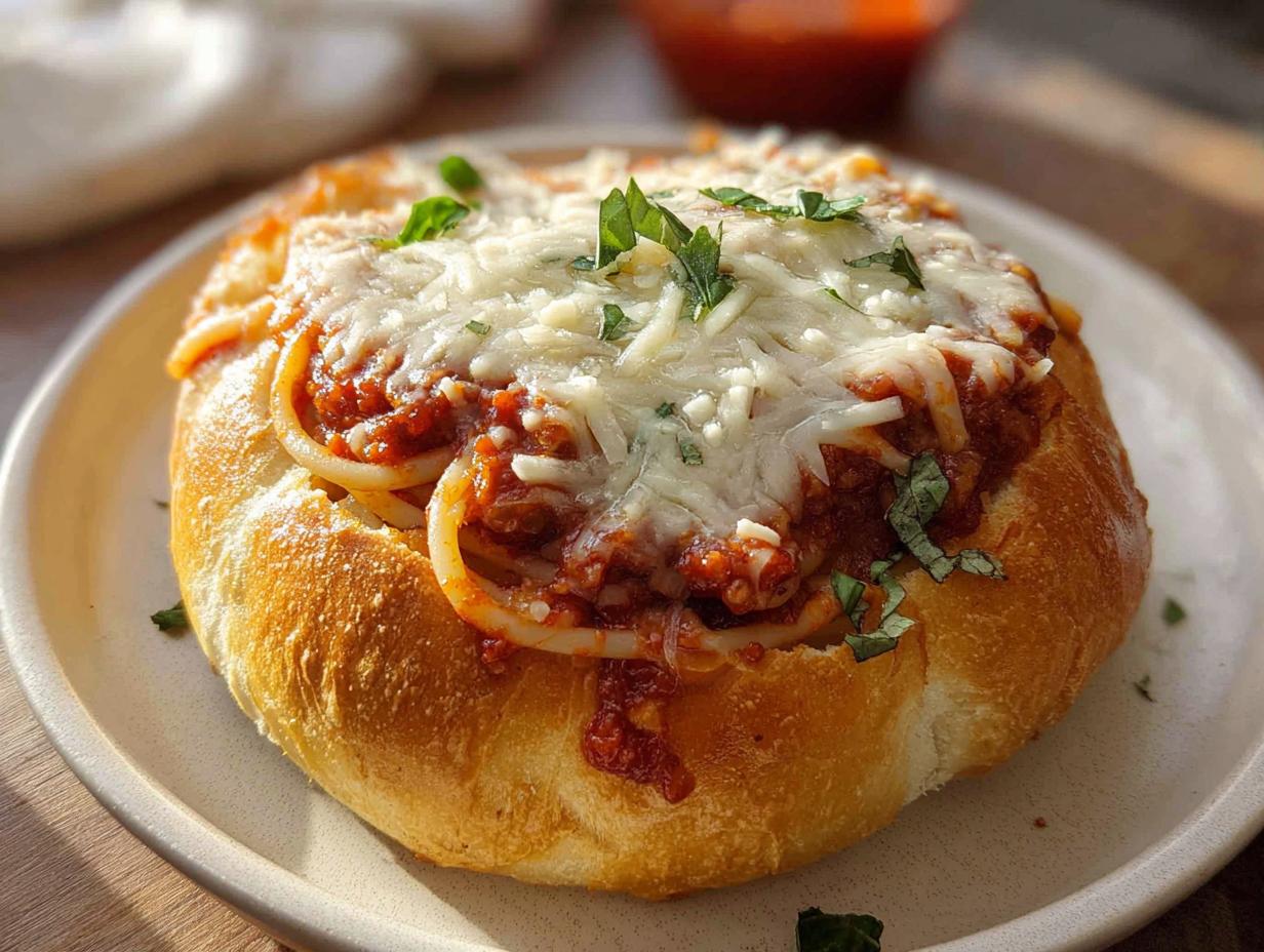 A close-up of a Spaghetti Marinara Garlic Bread Bowl topped with melted mozzarella and fresh basil.
