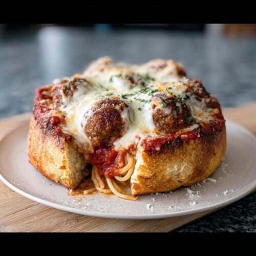 Close-up of a Spaghetti Meatball Garlic Bread Bowl overflowing with meatballs, marinara sauce, and melted mozzarella cheese.