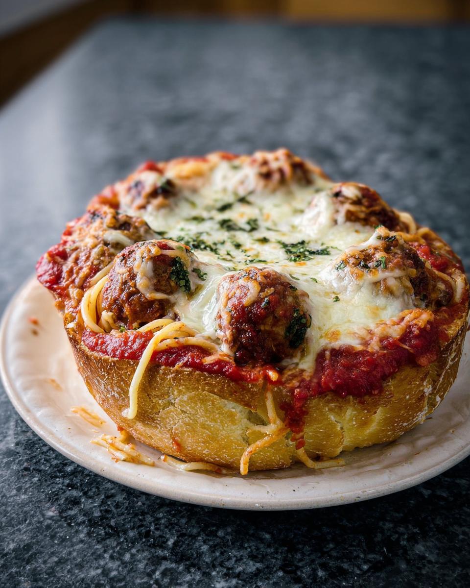 A close-up of a Spaghetti Meatball Garlic Bread Bowl overflowing with marinara sauce, meatballs, and melted mozzarella cheese.
