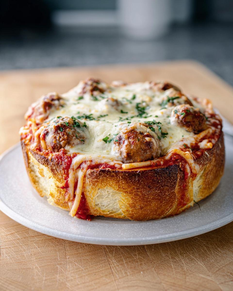 A close-up of a Spaghetti Meatball Garlic Bread Bowl overflowing with marinara sauce, meatballs, and melted mozzarella cheese, garnished with parsley.