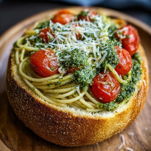Close-up of a Spaghetti Pesto Bread Bowl filled with pasta, green pesto, roasted tomatoes, and grated parmesan cheese.