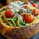 Close-up of Spaghetti Pesto Bread Bowl filled with pesto pasta, roasted cherry tomatoes, and grated Parmesan cheese.