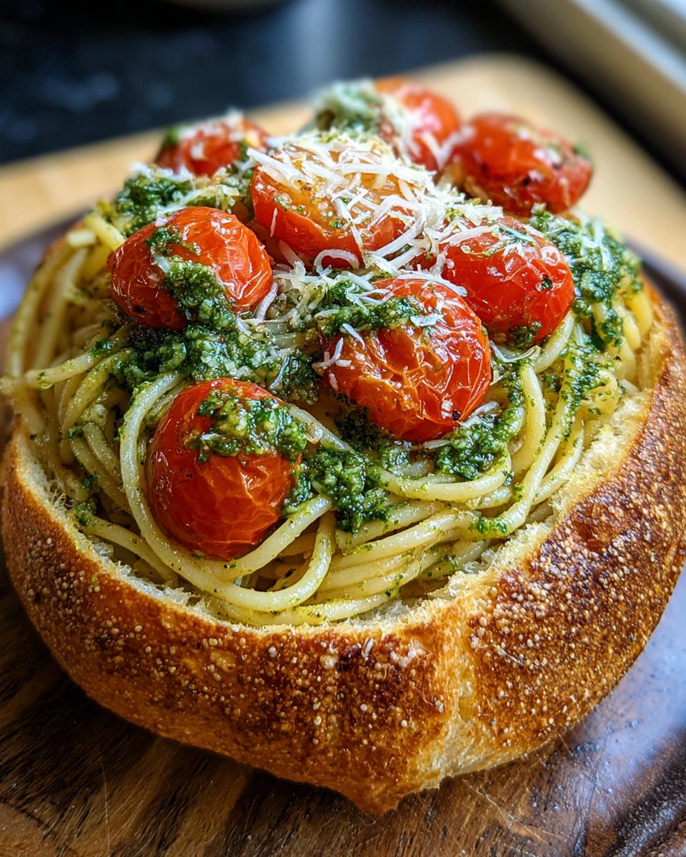 Close-up of Spaghetti Pesto Bread Bowl filled with pasta, green pesto, roasted tomatoes, and Parmesan.