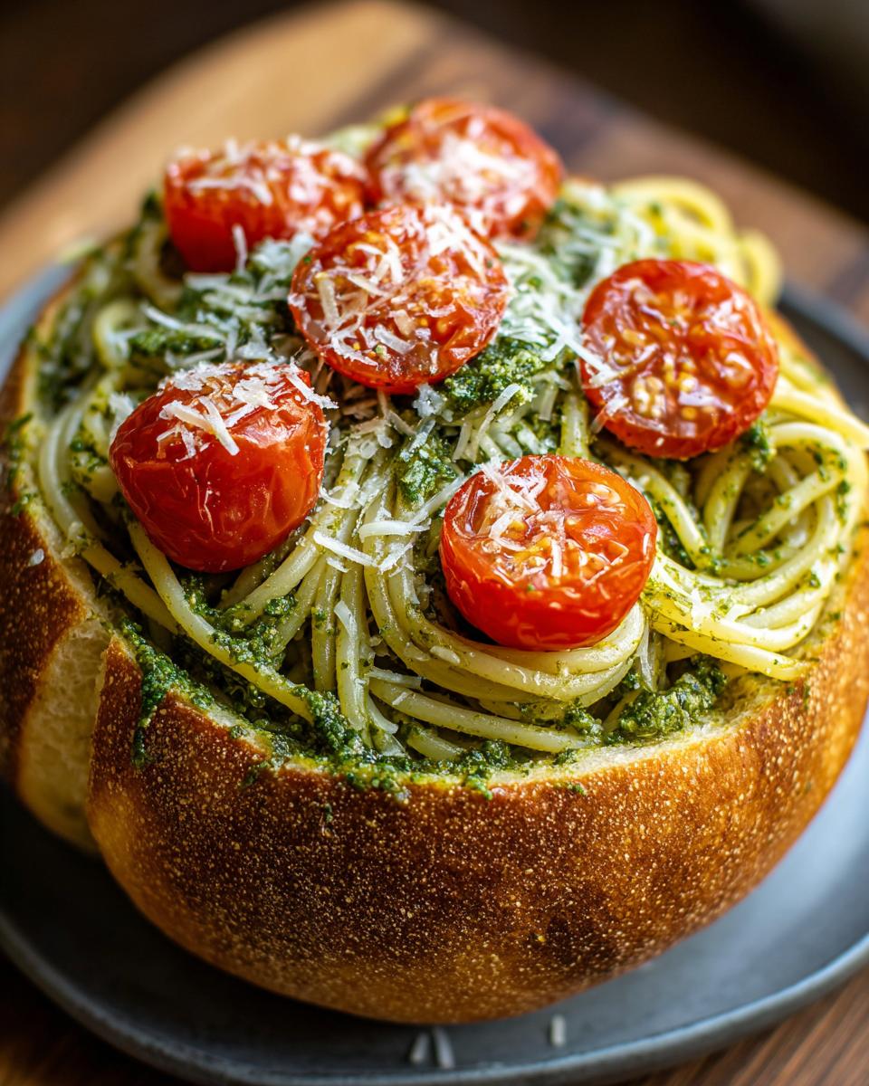 Close-up of Spaghetti Pesto Bread Bowl filled with pesto pasta, topped with roasted tomatoes and grated Parmesan cheese.