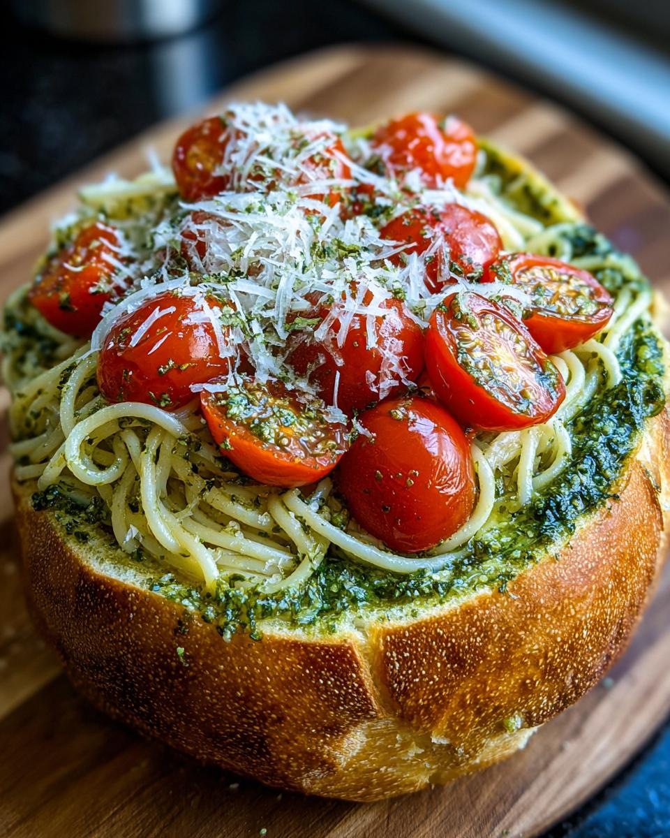 Close-up of a Spaghetti Pesto Bread Bowl filled with pasta tossed in pesto, topped with halved cherry tomatoes and grated Parmesan cheese.