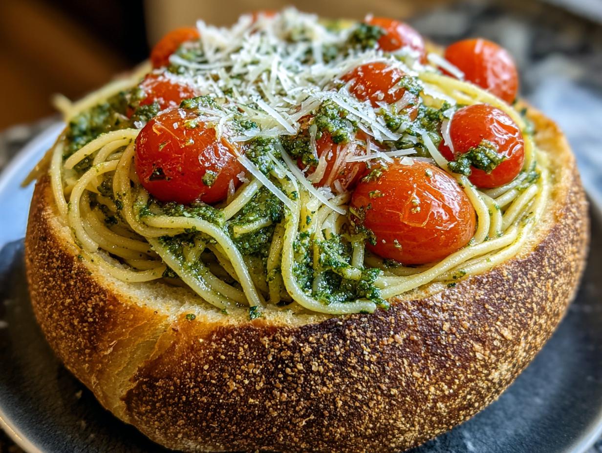 Close-up of Spaghetti Pesto Bread Bowl filled with pesto pasta, roasted cherry tomatoes, and grated Parmesan cheese.
