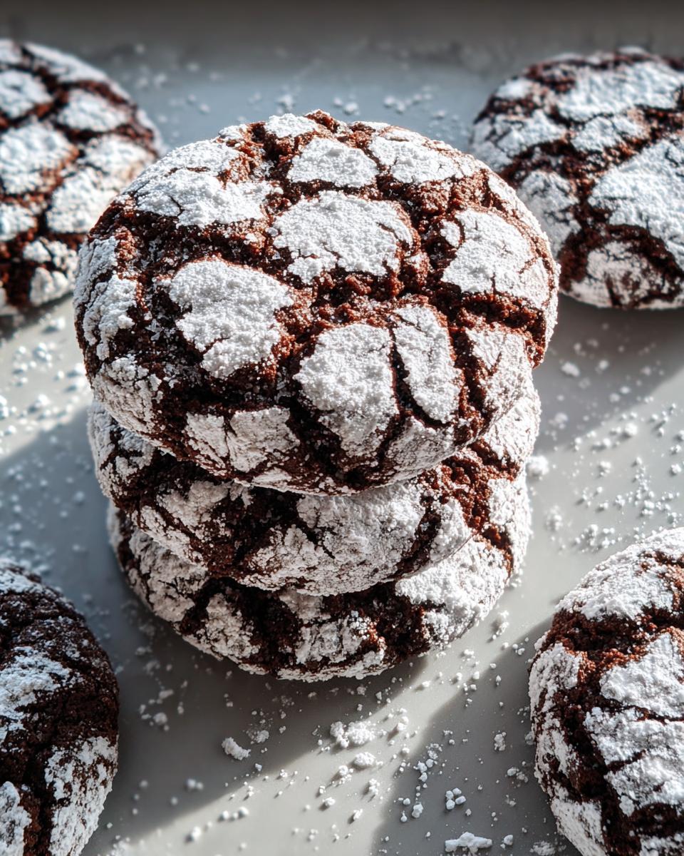 A stack of three rich, dark Chocolate Crinkle Cookies heavily dusted with powdered sugar.