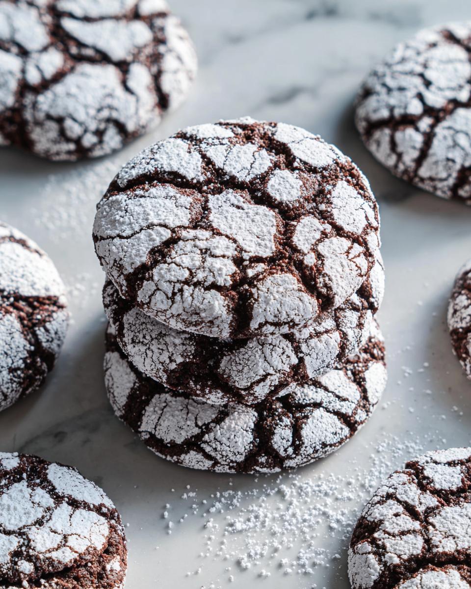 A stack of three rich, dark Chocolate Crinkle Cookies heavily dusted with white powdered sugar.