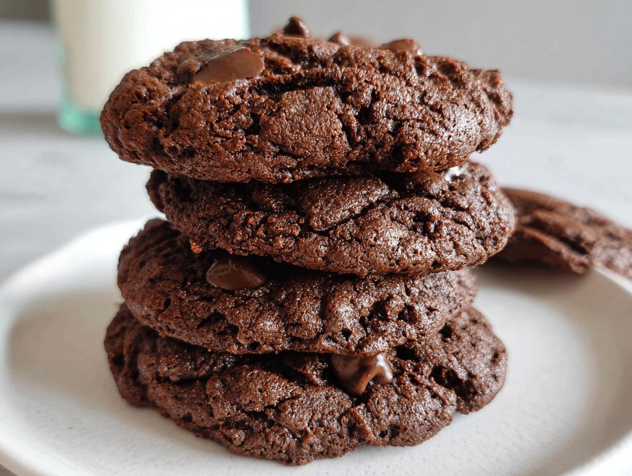 A stack of four dark, rich Chocolate Espresso Cookies with visible chocolate chips, served on a white plate.