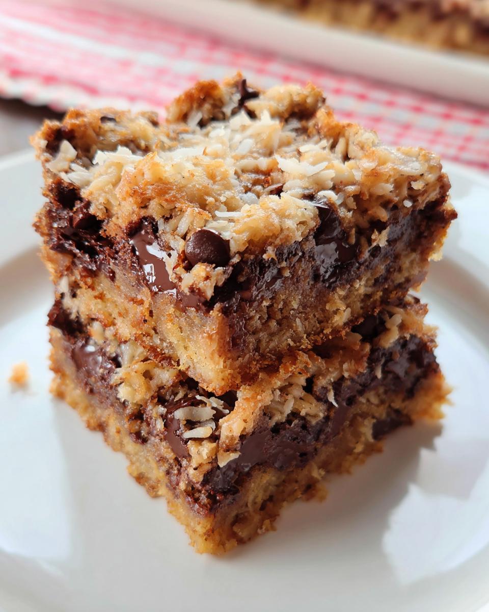 Two stacked squares of rich Coconut Chocolate Chip Bars featuring melted chocolate and toasted coconut topping.