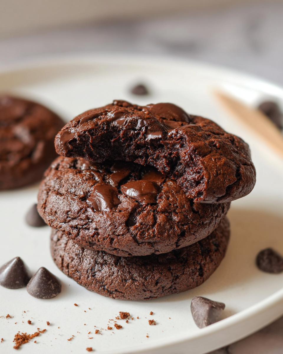 A stack of three rich, dark Double Chocolate Cookies, with the top one broken open revealing melted chocolate chips.