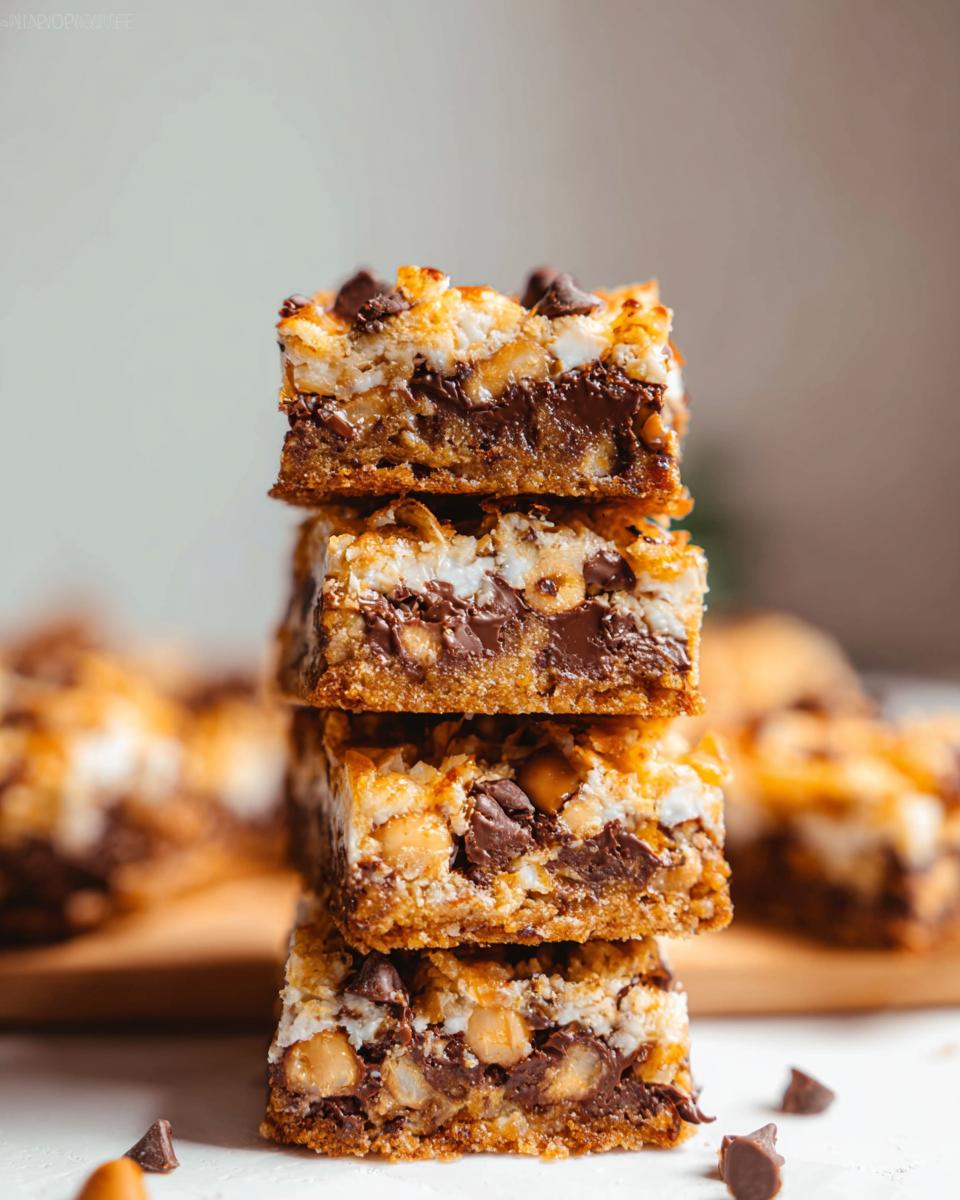 A vertical stack of four gooey 7-Layer Bars showing layers of chocolate, coconut, and nuts.