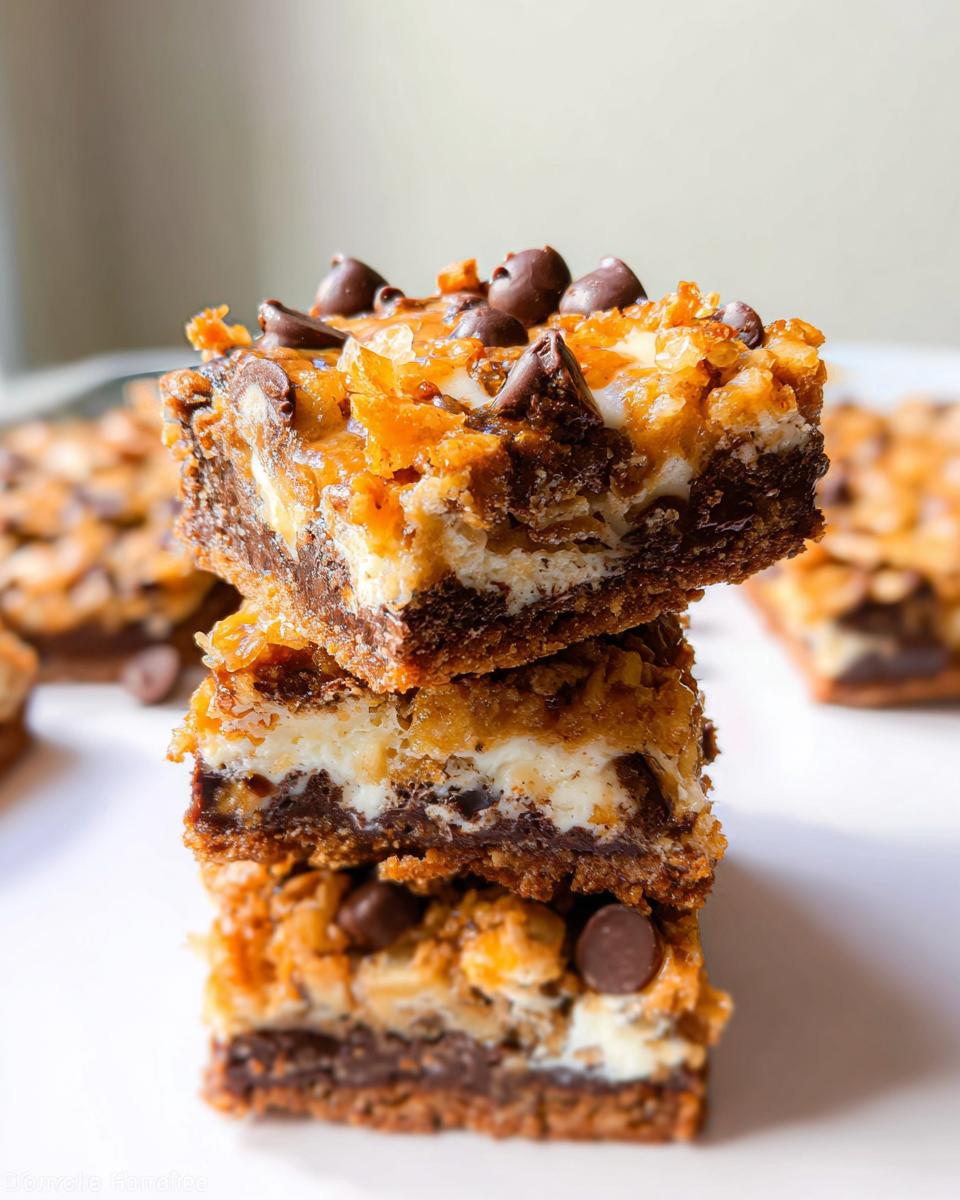 A vertical stack of three rich, gooey 7-Layer Bars showing distinct layers of crust, white filling, and chocolate chips on top.