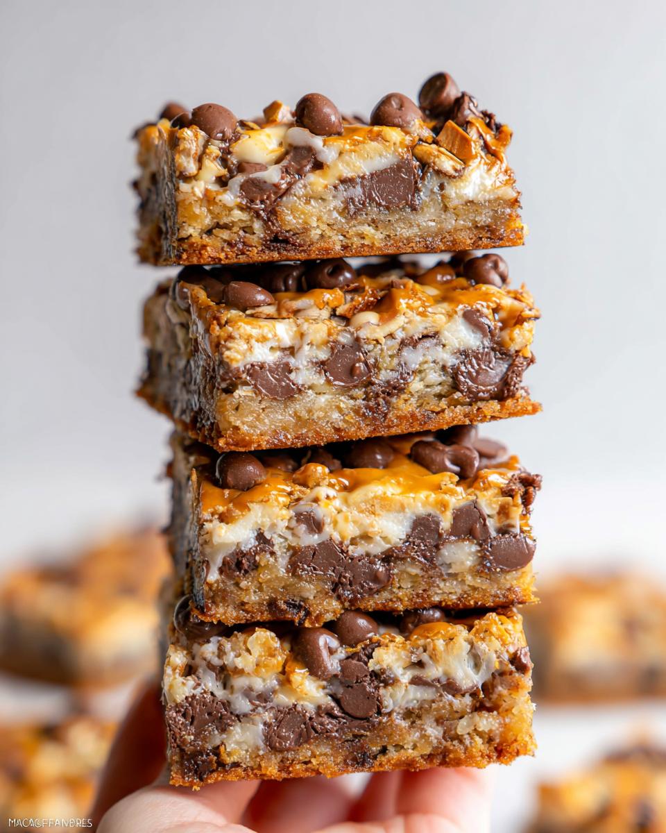 A vertical stack of four rich, gooey 7-Layer Bars featuring visible layers of chocolate chips and coconut.