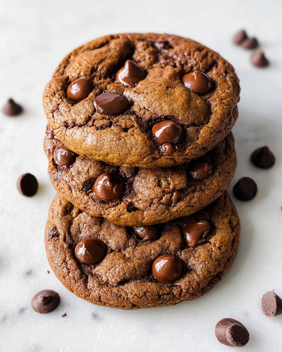 A vertical stack of three rich, fudgy One-Bowl Chocolate Cookies loaded with melted chocolate chips.