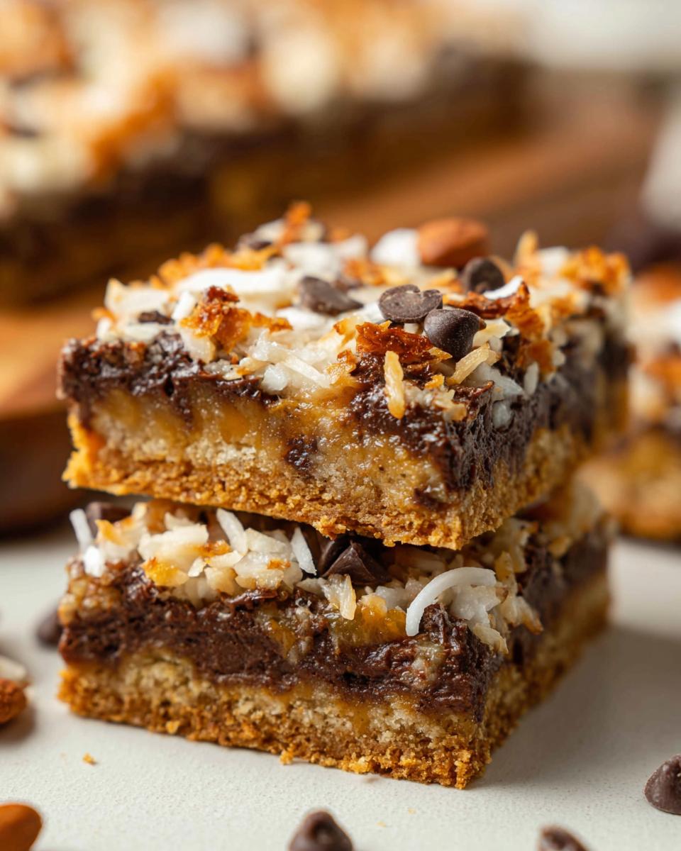 Two stacked squares of Classic Magic Cookie Bars showing the graham cracker crust, chocolate, and toasted coconut topping.