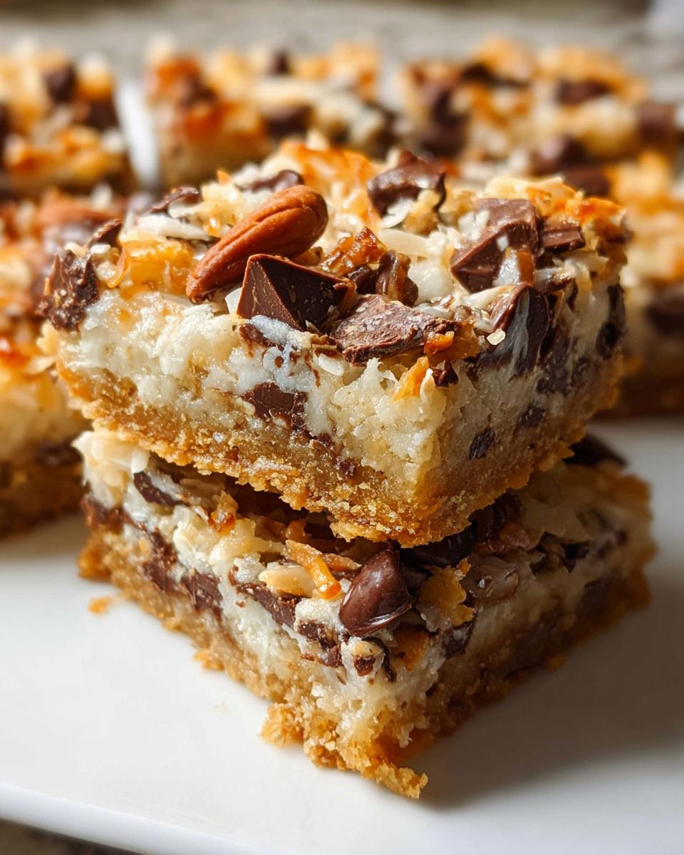 Two stacked squares of Classic Magic Cookie Bars topped with chocolate chips, coconut, and a pecan.