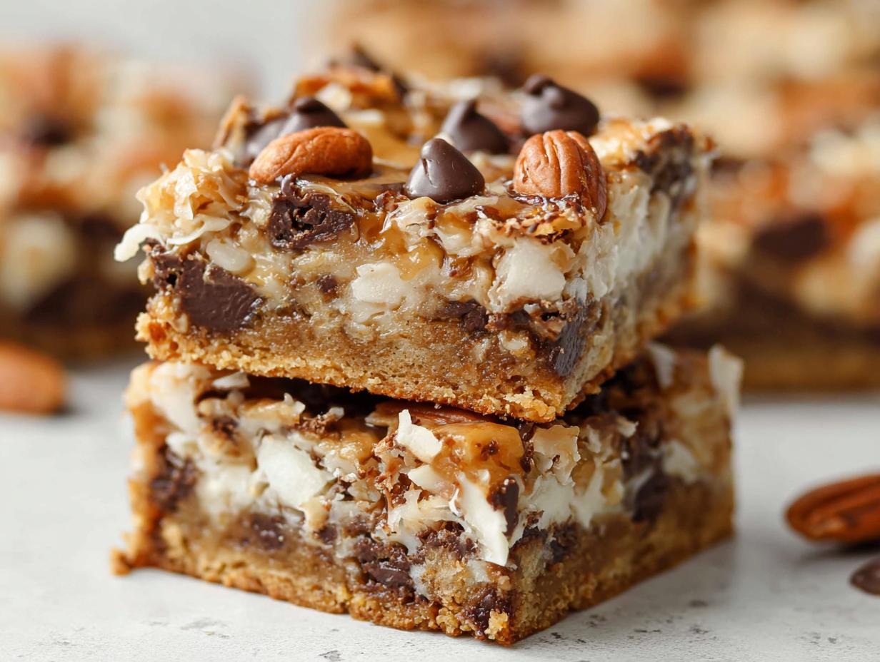 Two stacked squares of Classic Magic Cookie Bars showing layers of chocolate chips, coconut, and pecans on a graham cracker crust.