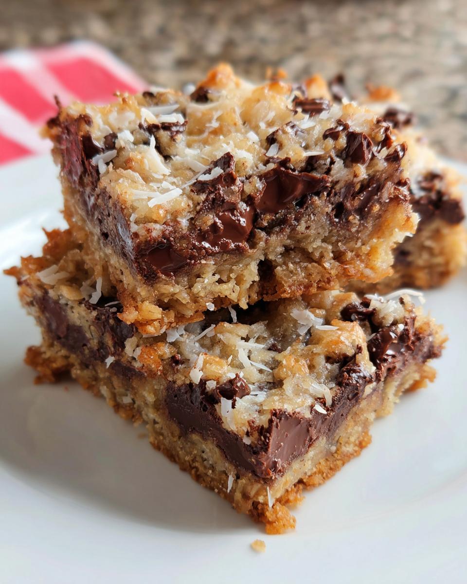 Two stacked, gooey Coconut Chocolate Chip Bars featuring a thick layer of melted chocolate and shredded coconut topping.