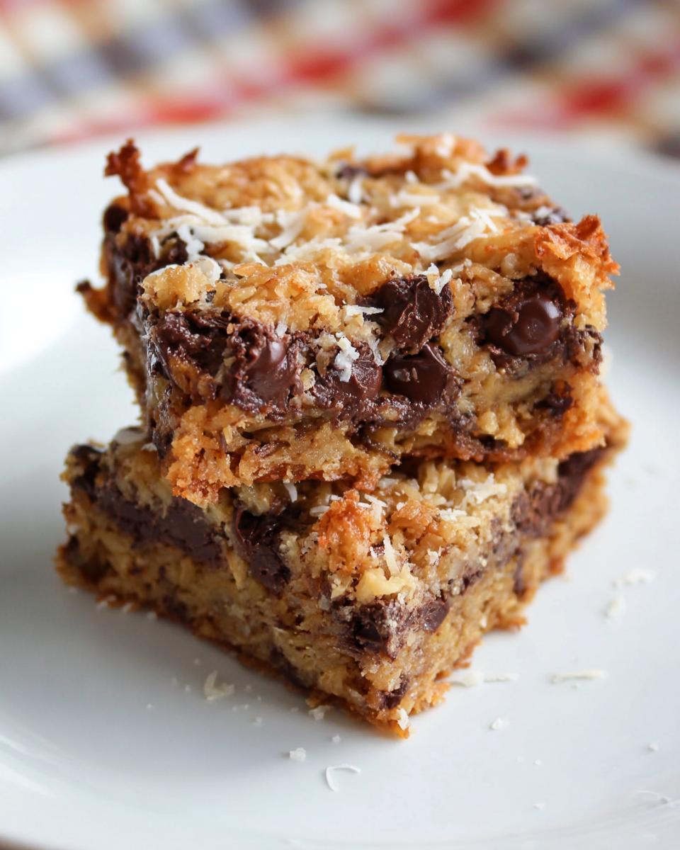 Two stacked Coconut Chocolate Chip Bars featuring melted chocolate chips and toasted coconut topping.