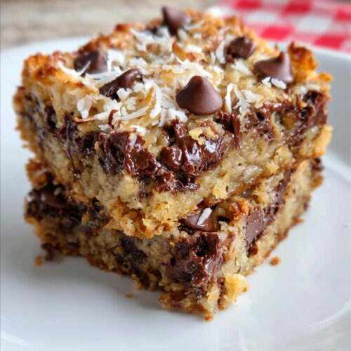 Two stacked squares of gooey Coconut Chocolate Chip Bars topped with melted chocolate and shredded coconut.
