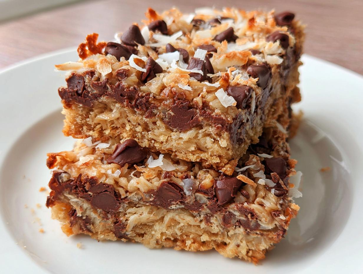 Two stacked Coconut Chocolate Chip Bars showing a thick base, melted chocolate, and toasted coconut topping.
