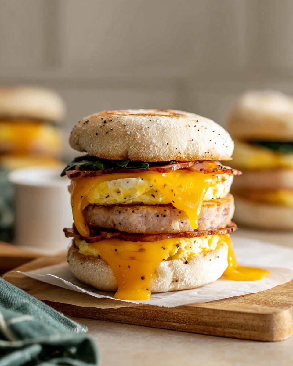 Close-up of a tall Make-Ahead Breakfast Sandwich stacked high with egg, sausage, bacon, and dripping melted cheese on an English muffin.