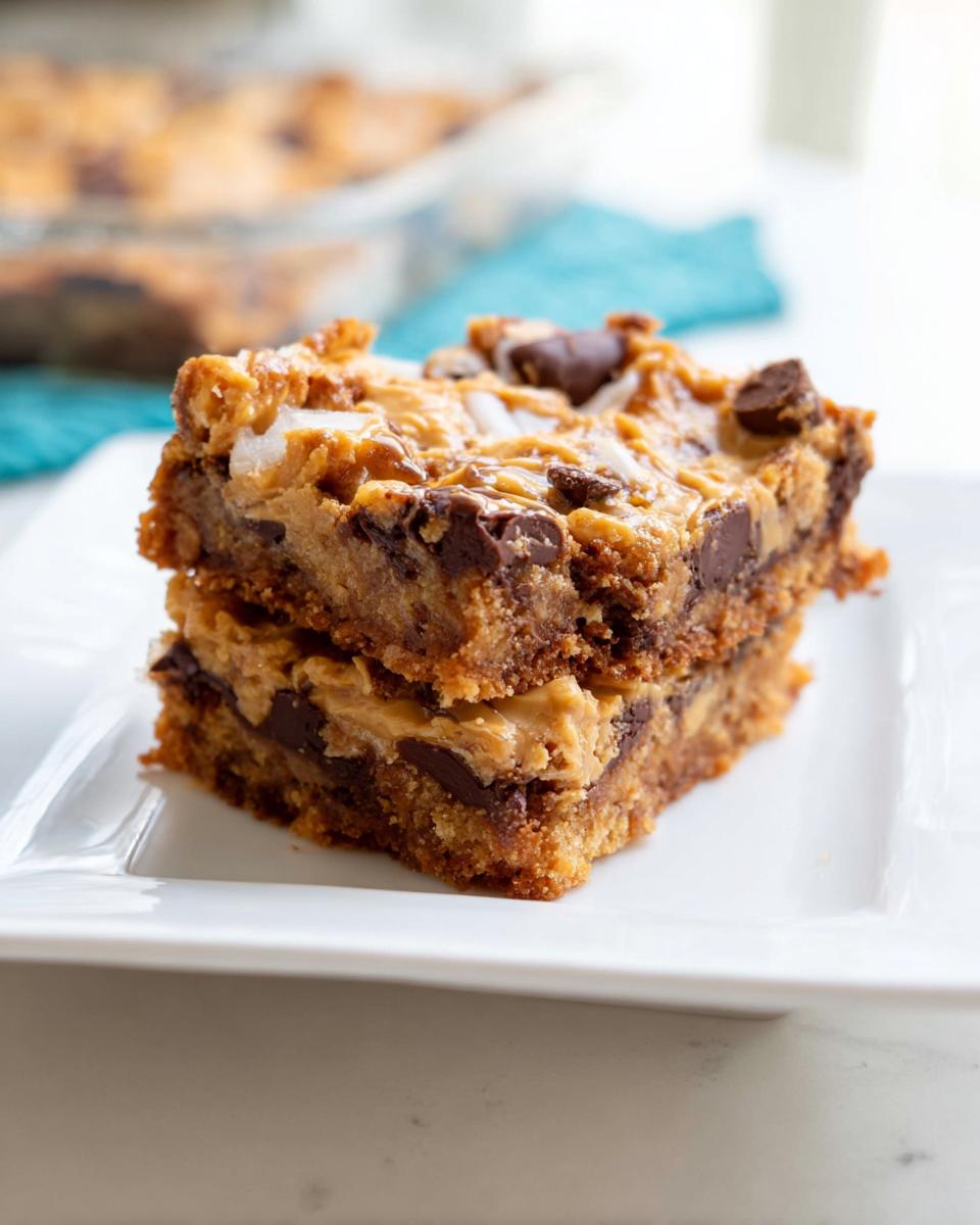Two stacked Peanut Butter Magic Bars showing layers of crust, peanut butter, and chocolate chips on a white plate.