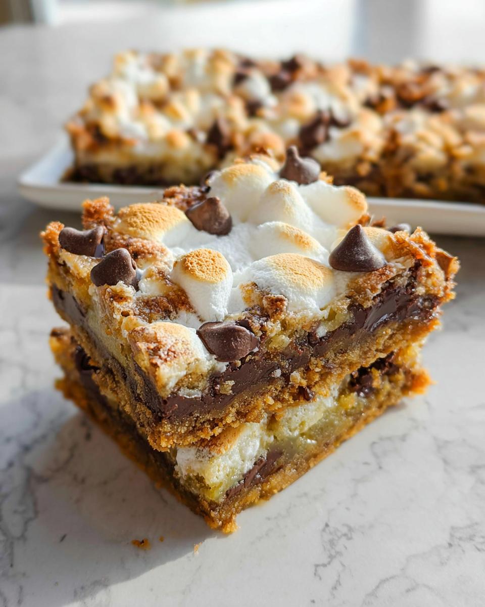 Two stacked S’mores Magic Cookie Bars showing graham cracker crust, melted chocolate, and toasted marshmallows on top.