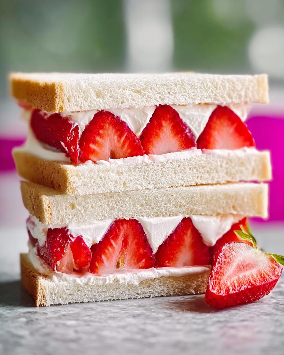 Close-up of a stacked Strawberry Sando featuring layers of white bread, whipped cream, and bright red sliced strawberries.