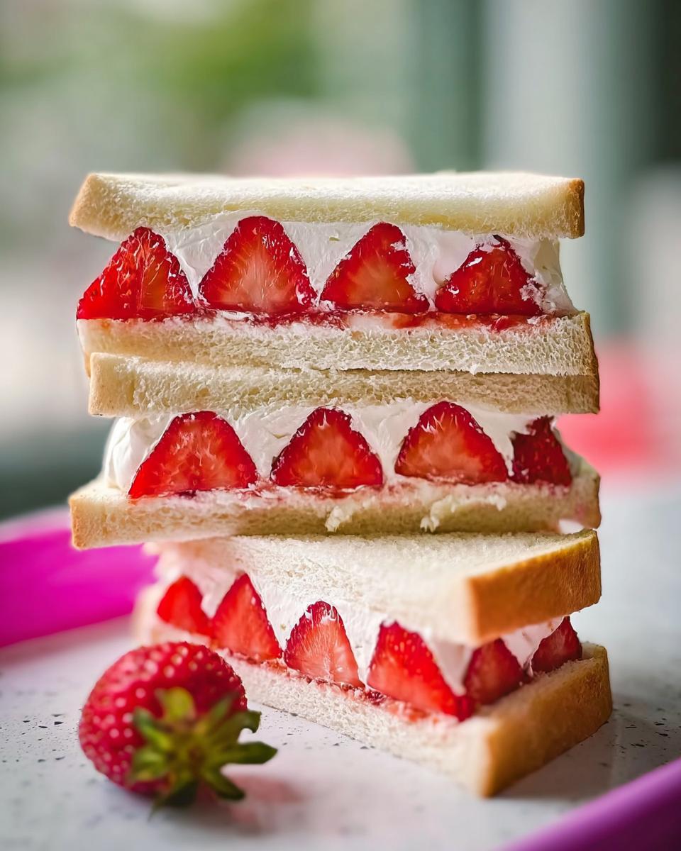 Three halves of a stacked Strawberry Sando showing layers of white bread, whipped cream, and bright red sliced strawberries.