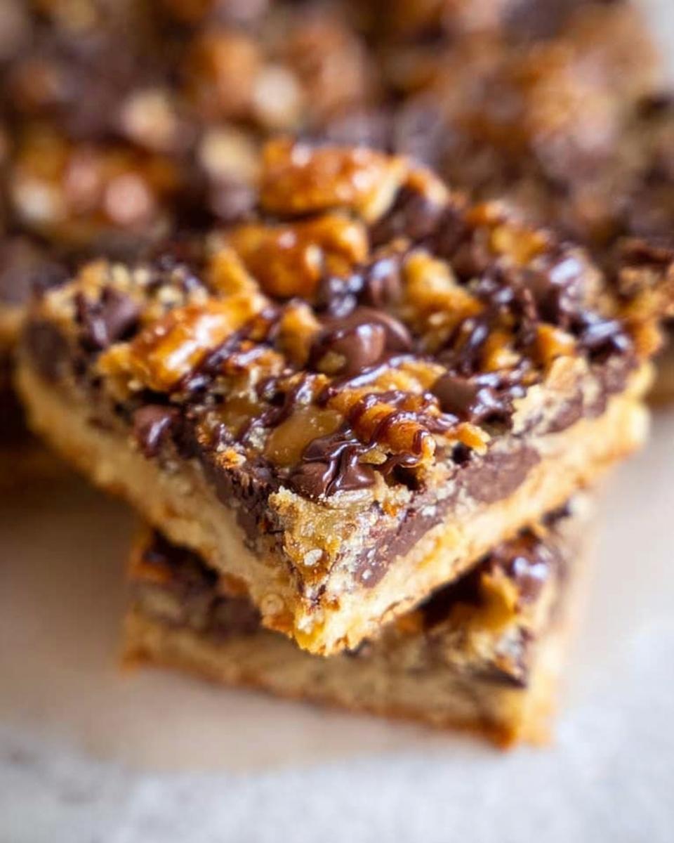 Close-up of two stacked Toffee Magic Cookie Bars showing a thick crust and gooey chocolate and toffee topping.