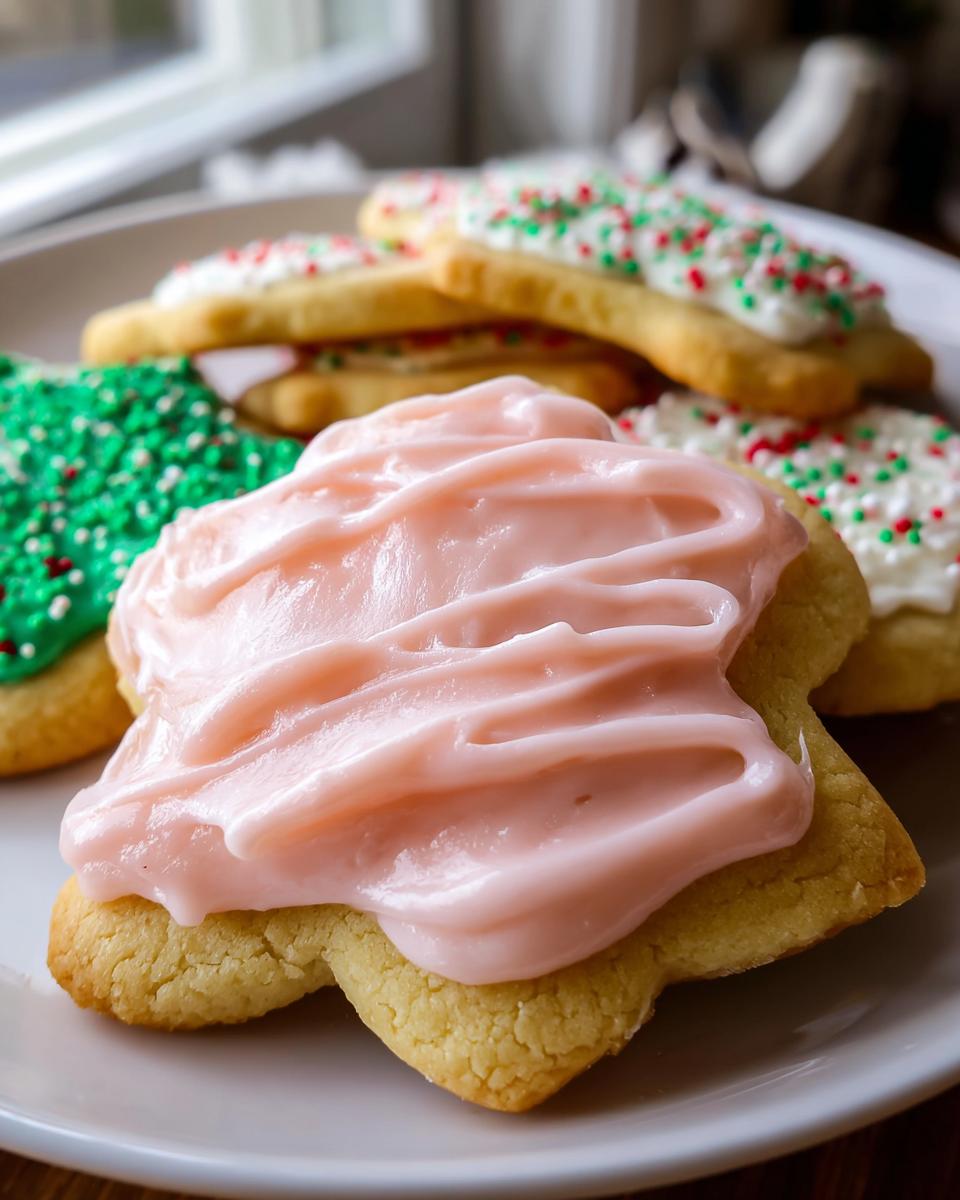 Close-up of a star-shaped sugar cookie topped with thick, swirled pink Simple Sugar Cookie Frosting.
