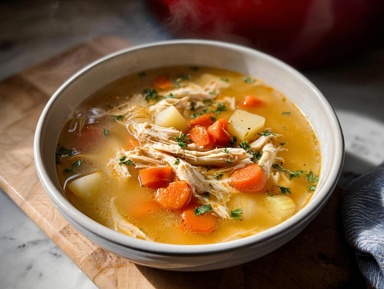 Close-up of a steaming bowl of Chicken Soup for Fall Dinners with shredded chicken, carrots, and potatoes.