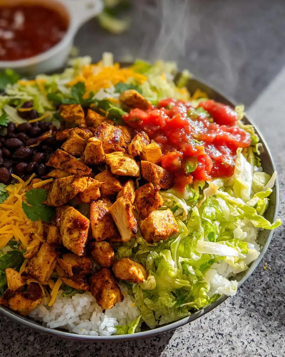 Close-up of a steaming Chicken Taco Bowl featuring seasoned chicken, white rice, black beans, lettuce, salsa, and shredded cheese.