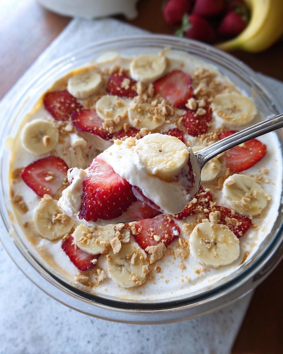 A spoonful of creamy Strawberry Banana Cream Dessert topped with fresh strawberries and banana slices.