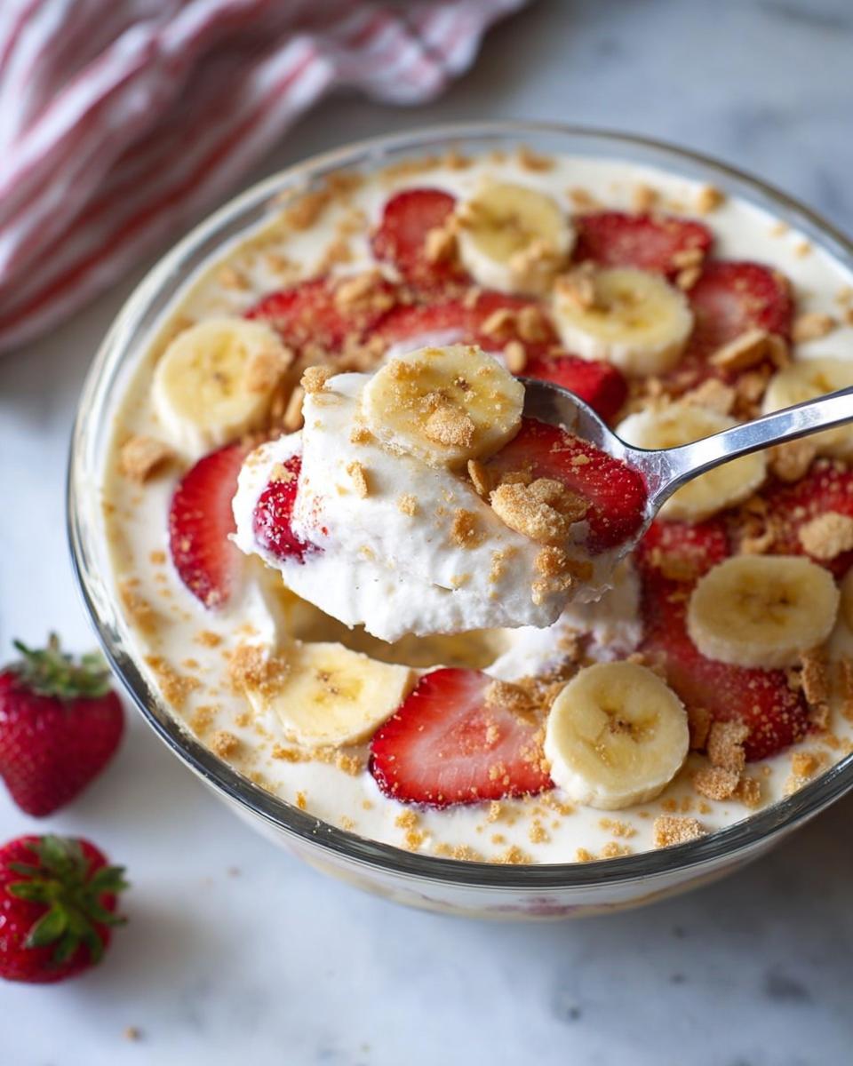A spoonful of creamy Strawberry Banana Cream Dessert topped with sliced bananas and strawberries.