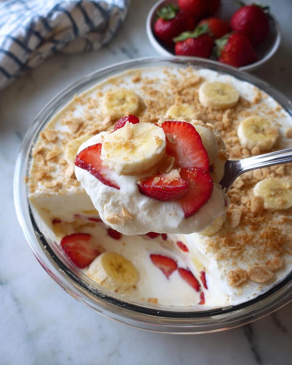 A spoonful of creamy Strawberry Banana Cream Dessert topped with fresh strawberries and banana slices.