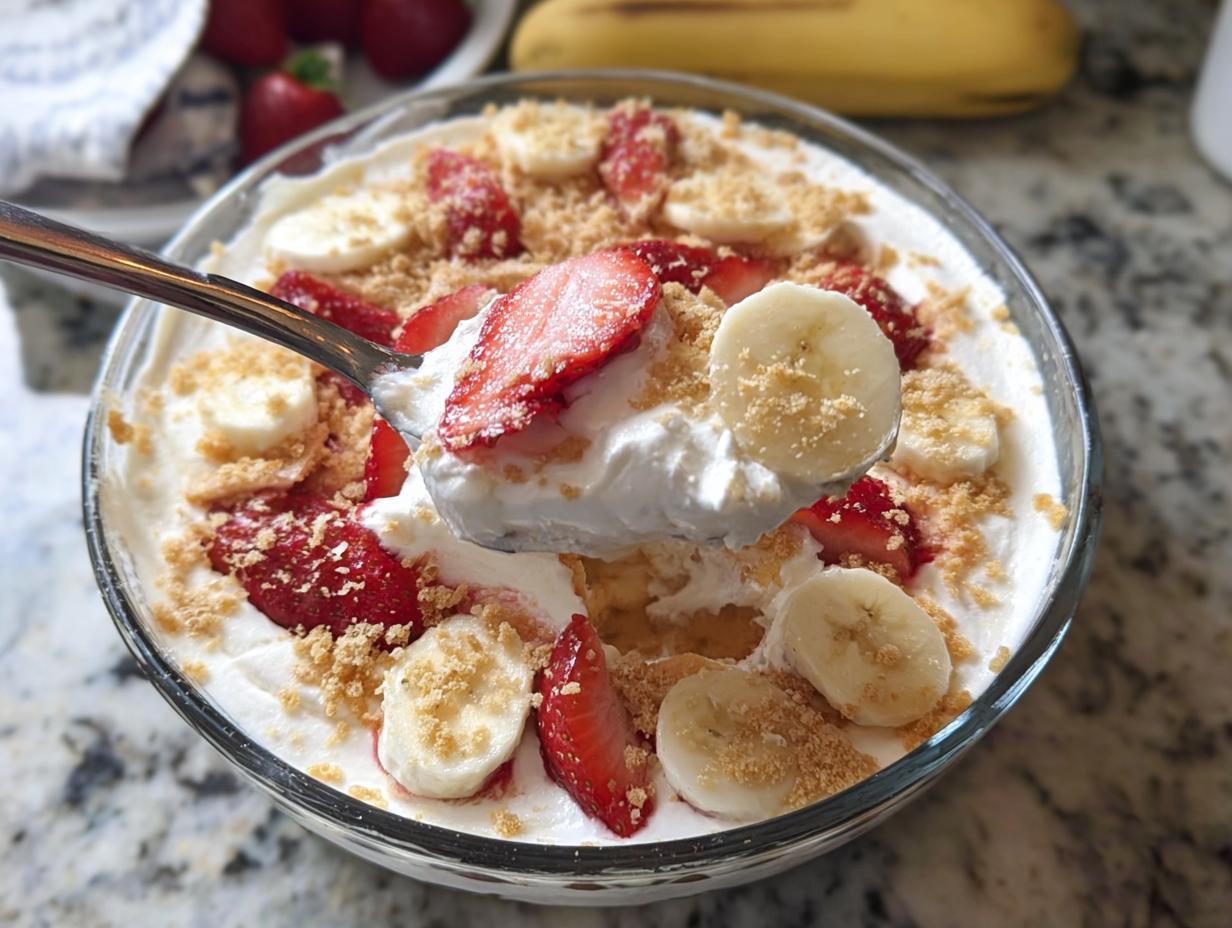A spoonful being lifted from a glass bowl of Strawberry Banana Cream Dessert topped with fresh strawberries and banana slices.