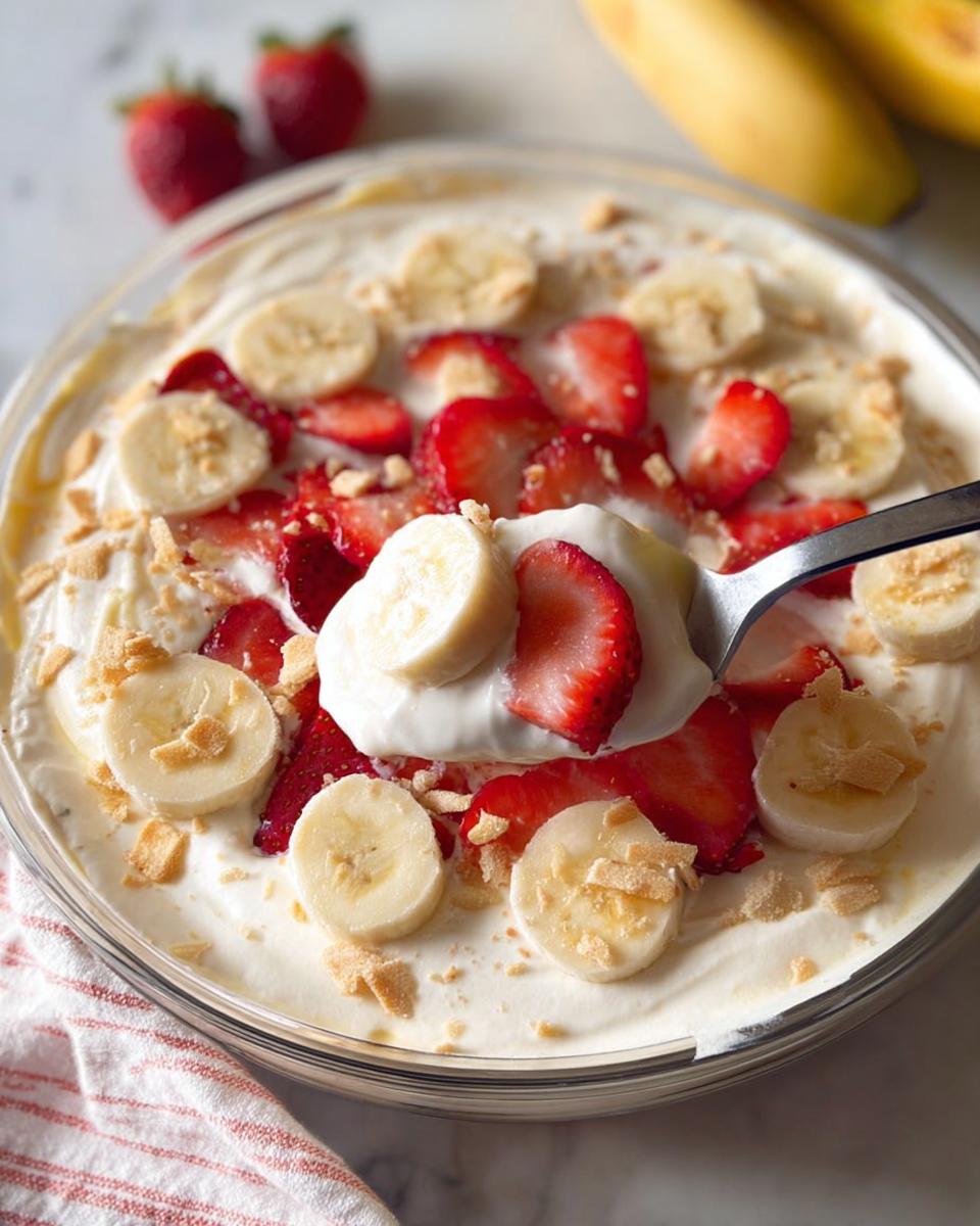 A spoonful of creamy Strawberry Banana Cream Dessert topped with fresh strawberries and banana slices.