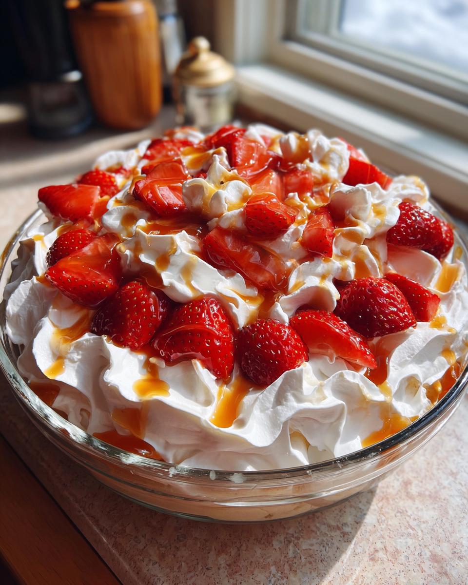 A close-up of the finished Strawberry Banana Dream dessert topped with whipped cream, fresh strawberries, and caramel drizzle.