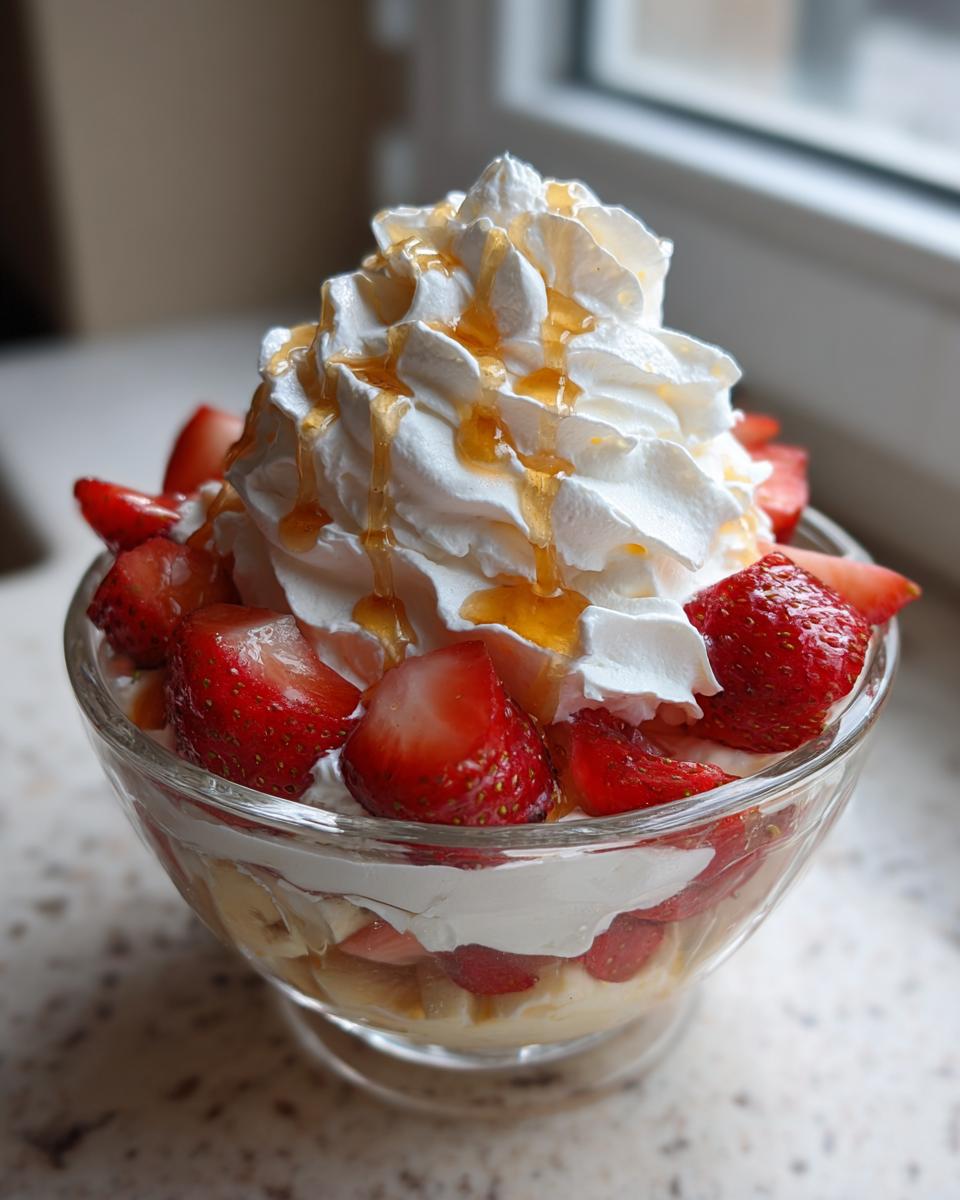 A glass bowl filled with layers of fruit and cream, topped with whipped cream and honey, showcasing the Strawberry Banana Dream.