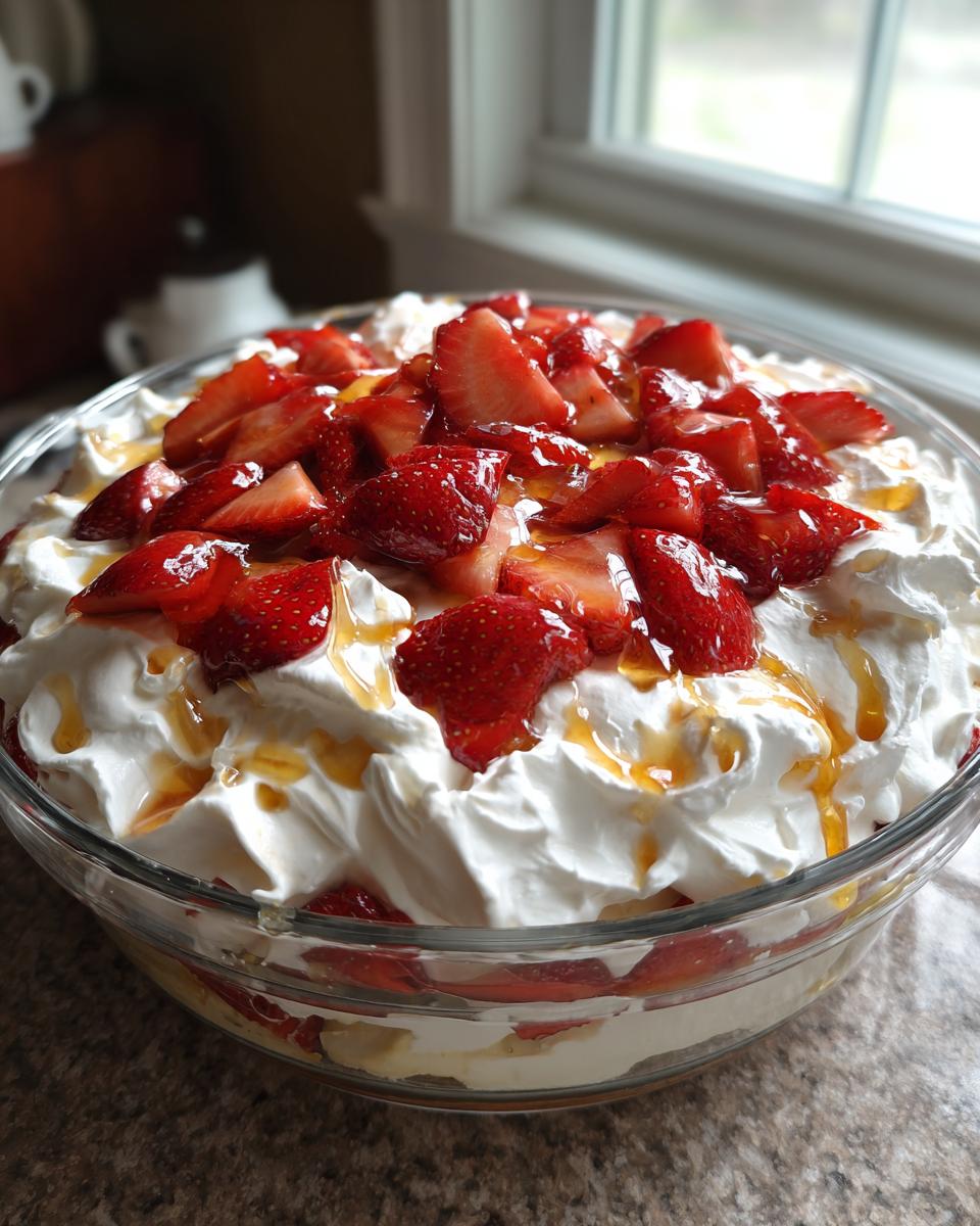 A beautiful glass bowl filled with Strawberry Banana Dream, topped with whipped cream, sliced strawberries, and honey drizzle.