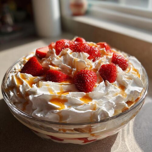 Close-up of a layered Strawberry Banana Dream trifle topped with whipped cream, fresh strawberries, and caramel drizzle.