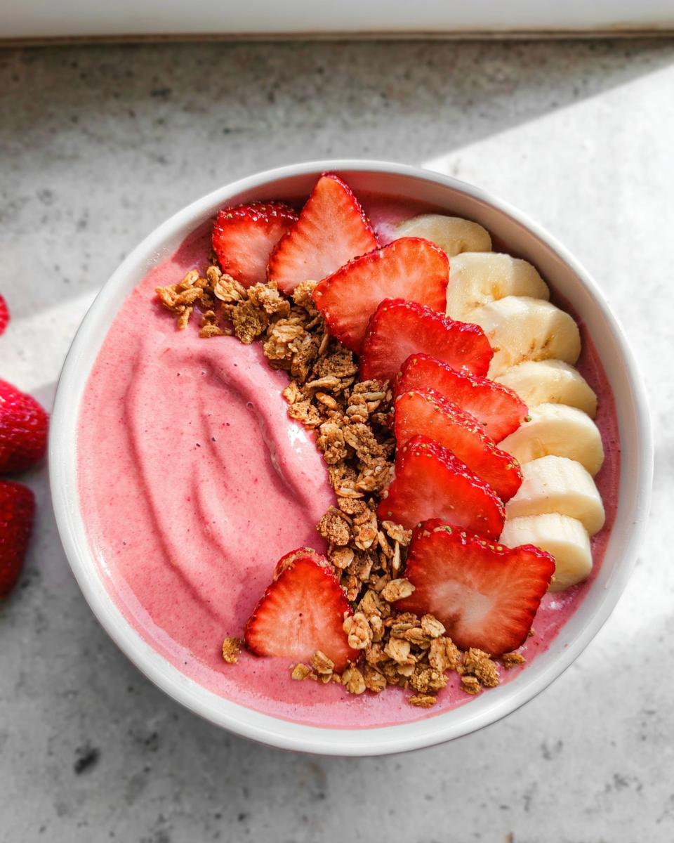 Overhead view of a thick, pink Strawberry Banana Protein Smoothie Bowl topped with sliced strawberries, banana coins, and granola.