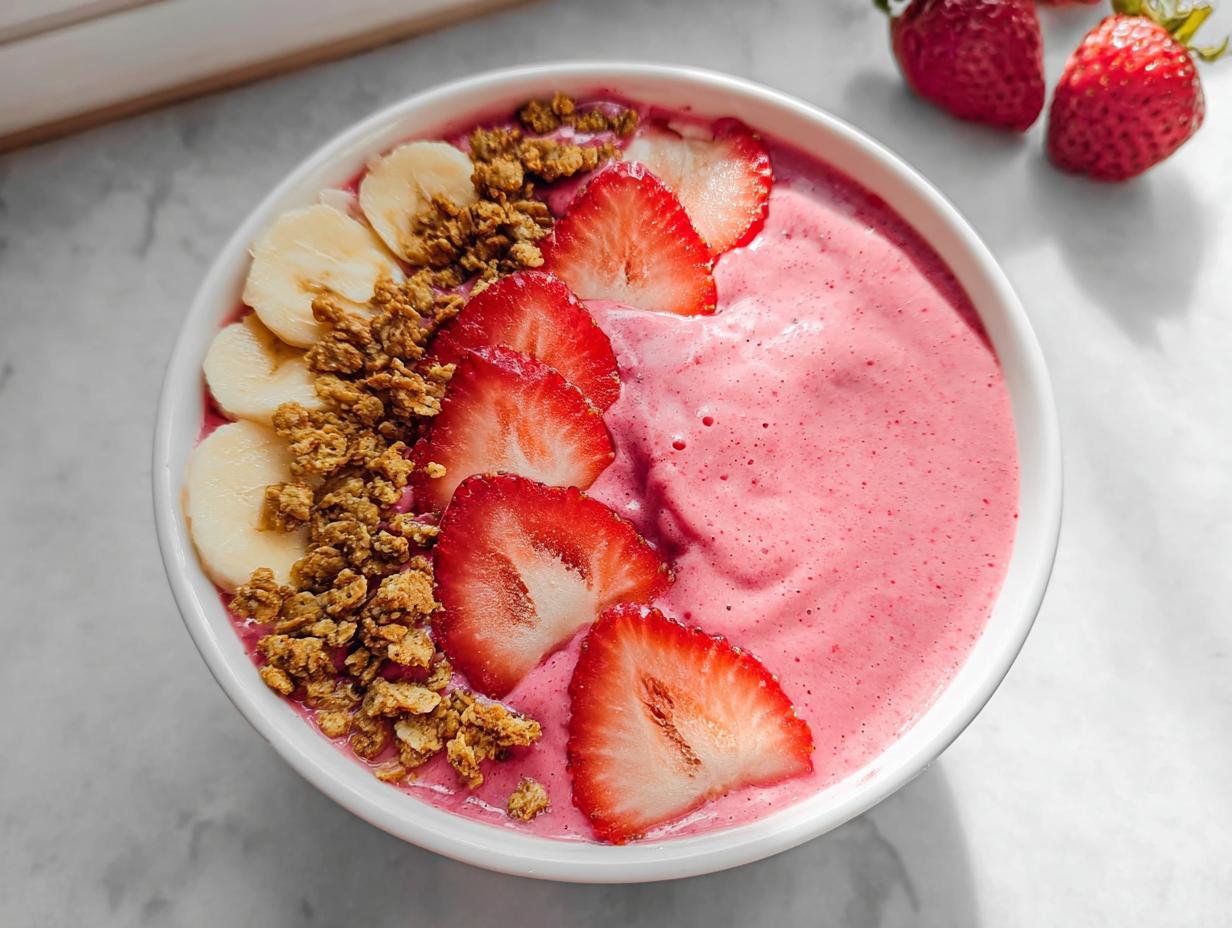 A vibrant pink Strawberry Banana Protein Smoothie Bowl topped with sliced strawberries, banana coins, and crunchy granola.
