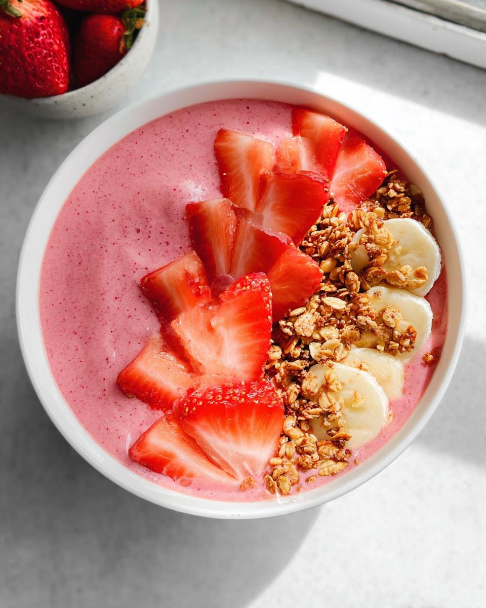 Overhead view of a vibrant pink Strawberry Banana Protein Smoothie Bowl topped with sliced strawberries, banana coins, and granola.