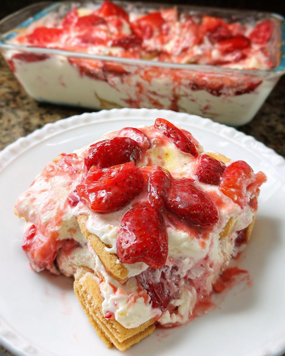 A close-up serving of rich Strawberry Banana Pudding topped with glazed strawberries, with the rest of the dish in the background.