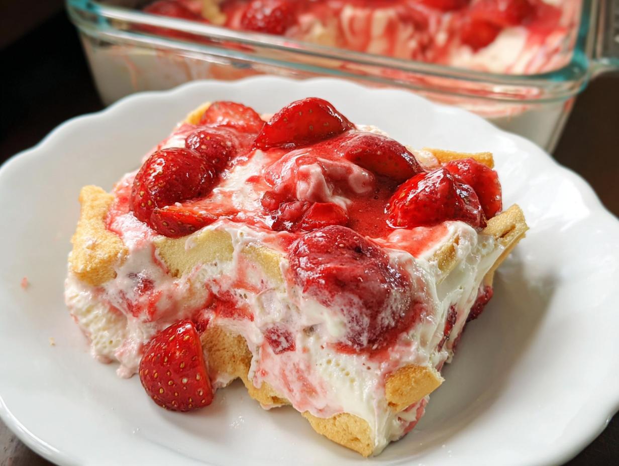 A close-up serving of Strawberry Banana Pudding on a white plate, topped with fresh strawberries and sauce.