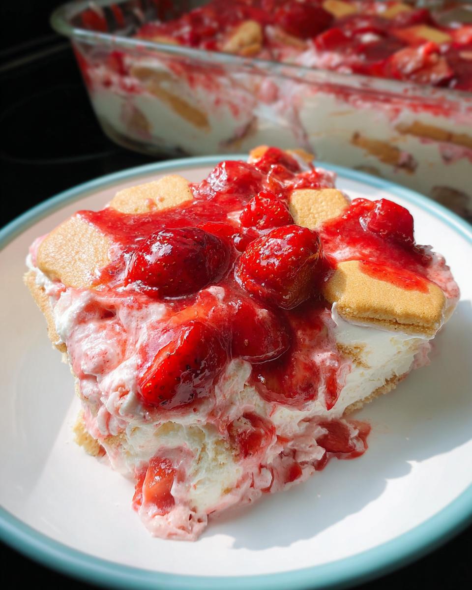 A generous slice of creamy Strawberry Banana Pudding topped with macerated strawberries and vanilla wafers